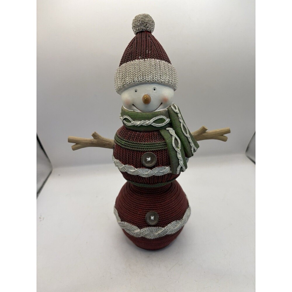 Costco Resin Snowman Family Figurine Knit Yarn Look Burgundy Green 10” Tall